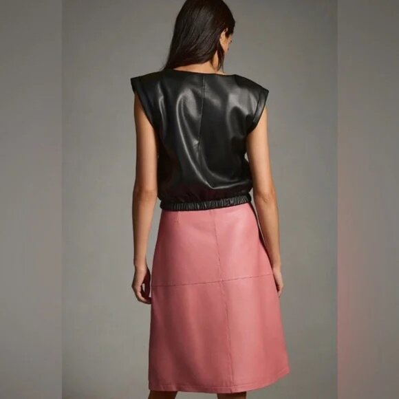 Anthropologie Bishop + Young Simone Vegan Faux-Leather Banded V-Neck Top - Picture 3 of 15